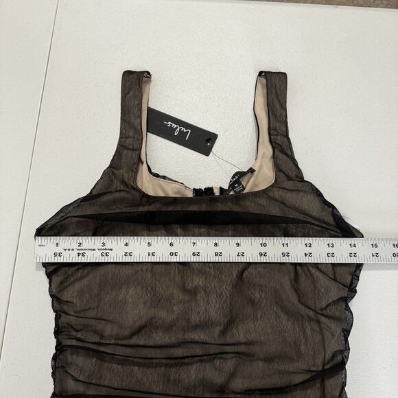 Lulus Womens Dress M Black V.I.P. Treatment Mesh Ruched Bodycon Midi Dark Y2K - Picture 7 of 13